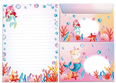 Briefpapier-Set für Mädchen Meerjungfrau Katze Briefblock mit Umschlag für Kinder (Block A5 mit 25 Blätter + 15 Umschläge)