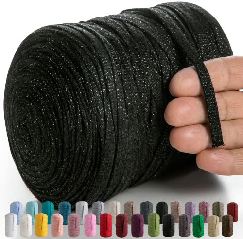 MeriWoolArt® Makramee Textilgarn zum Häkeln und Stricken - DIY glitzern flache T-Shirt Band Garn Dicke 10 mm, 125 m - Recyceltes Baumwollgarn mit Lurex, Viscose (Lurex Schwarz)