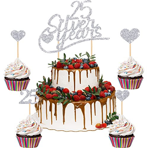 13 Stück 25 Silberhochzeit Caketopper 25 Silver Years Cake Topper Fröhliches Jubiläum Glitzer Herz Kuchen Topper Hochzeitstorte Kuchenstecker Dekoration 25. Geburtstag für 25 Tortendeko