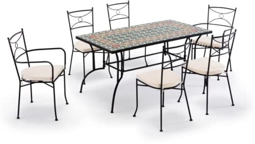Gruppo Maruccia - Gartentisch und Stühle mit handwerklichem Mosaik aus Keramik - 1 rechteckiger Tisch - 2 Sessel und 4 Stühle mit Kissen