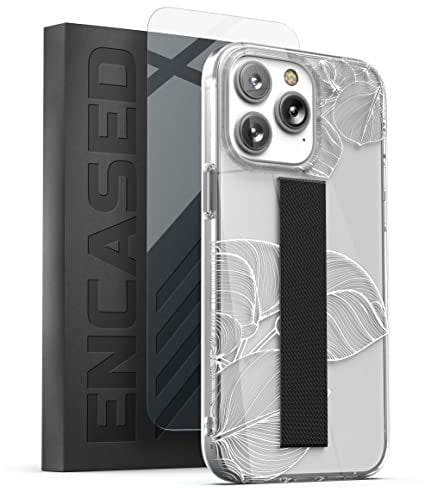 Encased Hand Strap Case Designed for iPhone 14 Pro Max Case with Finger Loop Grip and Screen Protector (White Lace Leaf)