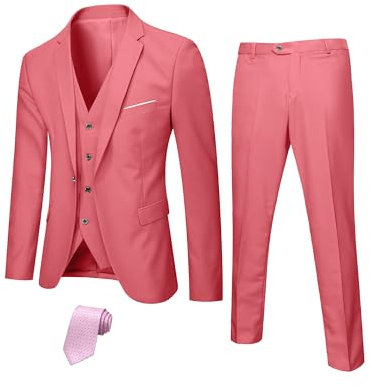 Hihawk Costume 3 pièces pour Homme avec Tissu Extensible, Coupe ajustée, Ensemble Blazer à Un Bouton, Veste, Gilet et Pantalon avec Cravate, Rose, Taille S