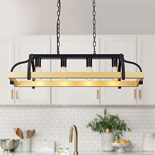 WUZUPS 4-Licht-Metalltopf-Hängeregal Kronleuchter lineare Pendelleuchte Deckenbeleuchtung rustikale Bauernhaus-Halterung Kücheninsel Esszimmer, H25 x L88 x B30, E27-Sockel, Schwarz & Gold