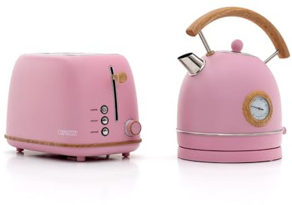 Pack Tostadora de Pan Caprizze Kaito con Doble Ranura Extra Ancha y Hervidora Nara Color Rosa Mate con Diseño Retro Vintage