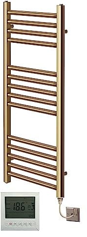Greened House Electric Brushed Brass Straight Heated Towel Rail 300mm Wide x 800mm High Flat Towel Radiator + Timer and Thermostat