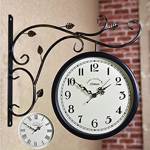GagalU Bahnhofsuhr Doppelseitige Wanduhr Retro-Bahnhofsuhr für den Außenbereich, Vintage-Halter im Antik-Look Bahnhofsuhr für den Innengarten, Alte Bahnhofsuhr D