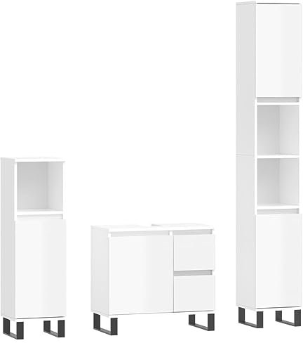 vidaXL Badmöbel Set 3 TLG., Badezimmermöbel mit viel Stauraum, Badschrank mit Eisenbeinen, Badezimmerschrank Waschbeckenunterschrank Hochschrank, Hochglanz Weiß Holzwerkstoff