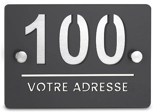 Plaque numéro maison en aluminium brossé brillant et acrylique GRIS ANTHRACITE - plaque moderne design et de qualité - dimension 200x150mm - installation facile - fabrication en France