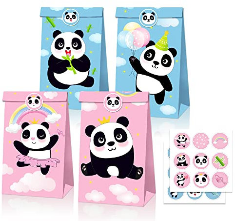 Notwoe® 12 Stück Geschenktüten aus Papier,Personalisierte Aufkleber, Bedruckte Papiertüten mit rosa blauem Panda,Kraftpapier-Mitgebsel Tüten für Geburtstag, Party, Hochzeiten.(blaurosa-12)