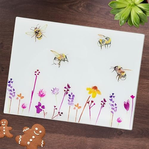 Unique Living Bees & Flowers Glass Worktop Saver Chopping Cutting Board 40x30 cm
