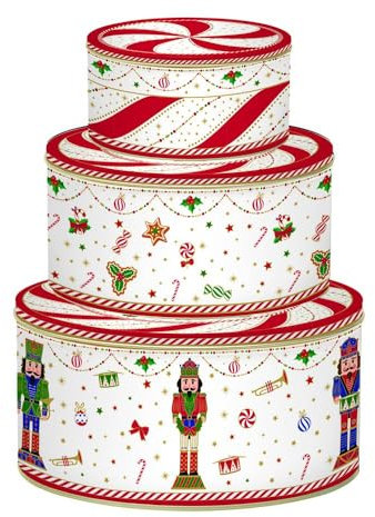Easy Life Set 3 scatole di natale ad incastro tonde in latta con schiaccianoci vintage Nutcracker Twist