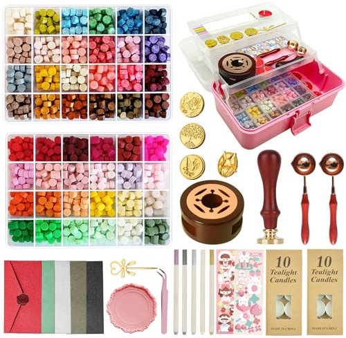 Verbessertes Siegelwachs Set，Wachssiegel Stempel Set mit Geschenkbox,48 Farben 1200 Stück Siegelwachs Perlen mit 4 Stück Wachssiegelstempel,Siegelwachswärmer,Umschläge,Kerzen,Metallstift