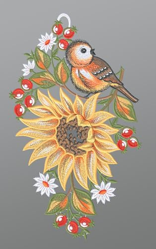 Plauener Spitze Fensterbild Sonnenblume mit Vögelchen (Bx H) 19cm * 32cm Mehrfarbig Fensterdekoration Fensterschmuck