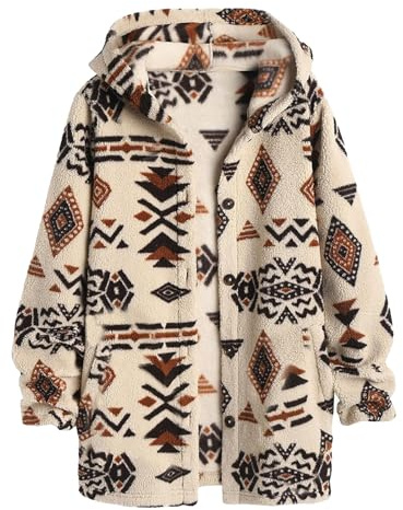 Poo4kark Damen-Mantel im Ethno-Stil mit Kapuze und Langen Taschen flauschigem Teddystoff mit Geo-Aufdruck Grobstrickjacke Damen (Coffee, XL)