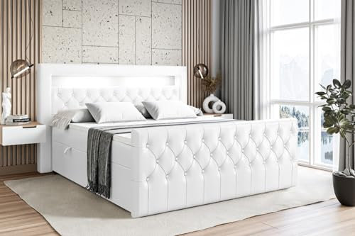 ALTDECOR Boxspringbett mit Matratze und Lattenrost, LED Boxbett, Topper, Fußteil, Polsterbett mit Bettkasten, Bett mit Stauraum H3-Matratze, Doppelbett - Aurora - 180x200 Weiß Kunstleder