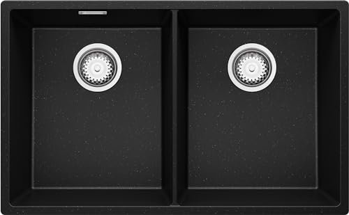 Fregadero bajo Encimera Negro Metallic 76x47cm, Fregadero Cocina 2 Senos + Sifón, Granito al mueble 80cm - London Twin de Primagran