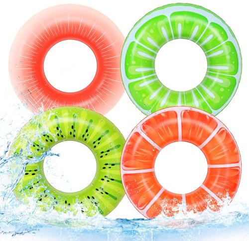 MoKo Aufblasbarer Schwimmring für Kinder & Erwachsene, 4 Stück Wasserspielring PVC Schwimmreifen Wassersport, Obst Muster Schwimmringe für Sommer Pool Strand Partyzubehör, Wassermelone/Kiwi/Orange