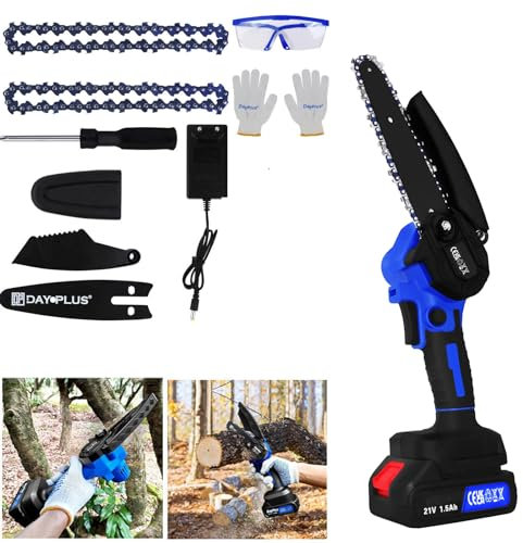Mini Tronçonneuse a Batterie 6 Pouces, Mini Tronçonneuse sur Batterie avec 1 x Batterie, 2 Chaînes et Chargeur, Adaptée à la Coupe du bois, l'élagage le Jardin
