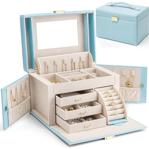 Vlando Schmuckkästchen für Mädchen und Frauen, großer barocker Schmuckhalter mit Spiegel, 3 Schubladen für Armbänder, Ohrringe, Ringe, Halsketten, Muttertagsgeschenke für einen geliebten Menschen,