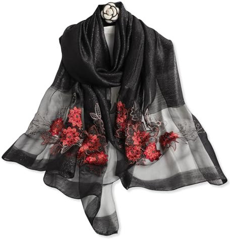 LumiSyne Seidenschal Chiffon Schal Für Damen Perlen Stickerei Blumen Muster Transparenter Tüll Leichte Weich Lange Halstücher Sonnenschutz Stola Durchsichtiger Schal Frühling Herbst