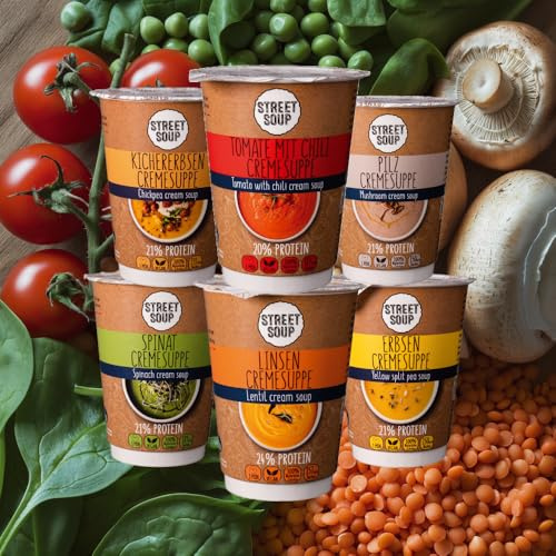 STREET SOUP Suppenkur, 5 Tage, 30 vegane Cremesuppen, 30 x 50 g | 100% natürlich, Low Carb & 20% Protein, 6 leckere Sorten im Paket, Für je 300 ml Suppe