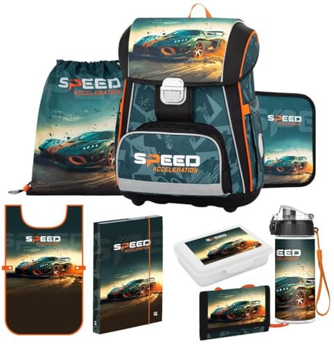 OXY BAG Schulranzen 8 Teilig Auto Ergonomischer Schulrucksack Set Sportbeutel Federmappe Kunstponcho Trinkflasche Snackbox Leicht Schulset Jungen Mädchen Schultasche für 1. - 3. Klasse Back to School