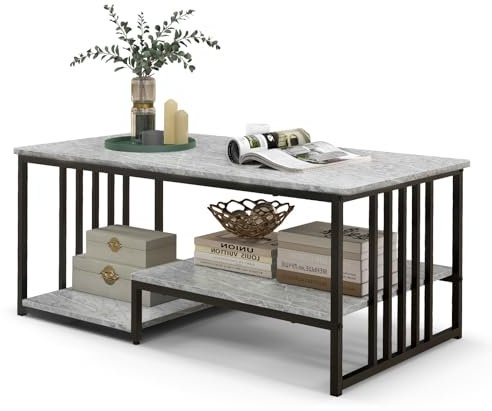 LIFEZEAL Couchtisch Marmor Optik, Wohnzimmertisch mit 2 offenen Ablagen, Sofatisch mit Metallrahmen, rechteckiger Kaffeetisch für Wohnzimmer, Büro, 110 x 60 x 45 cm, Grau