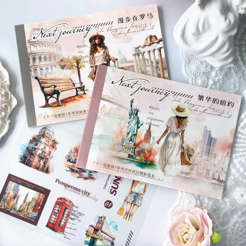 Scrapbooking Stickers Set 20 Blätter Arpaper Landschaft Scrapbook Aufkleber Zubehör Set für Journaling, Tagebuch, Scrapbooking,Fotoalbum,Bullet Journal Zubehör(Rom-New York-Reise)