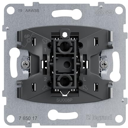 LEGRAND, SEANO Taster-Einsatz mit Wechselkontakt und N-Klemme, Steckklemmen, LED-Beleuchtungsfunktion nachrüstbar (Art.-Nr.: 764526), LED-Kontrollfunktion nachrüstbar (Art.-Nr.: 764521), 10 AX, 765017