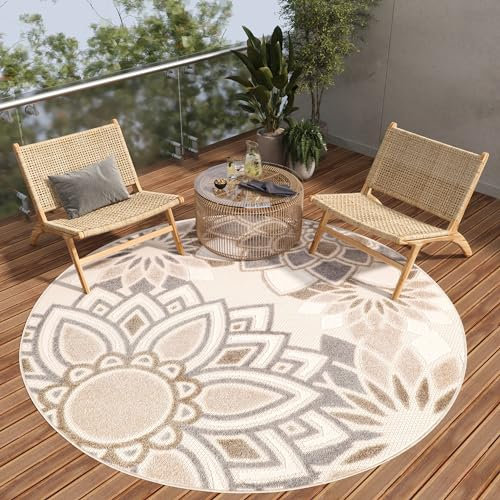 TAPISO Patio Tappeto rotondo per interni ed esterni, color crema, beige, marrone, grigio, moderno, resistente alle intemperie, effetto sisal, per soggiorno, terrazza, 100 x 100 cm