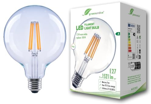 greenandco Glühfaden LED Lampe | klar | E27 G125 | 7,2W 1521lm | ersetzt 100W | 3000K warmweiß | 320° | 230V | flimmerfrei | Energieeffizienzklasse A | nicht dimmbar
