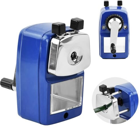 Bleistiftspitzer mit Behälter Metall, Anspitzer mit Kurbel, Manueller Anspitzer für Schreibtisch, Bleistift, Kinder, Schule, Büro (Blau)