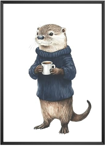 MJ-GRAPHICS® Poster Otter Bild A4 Wandbilder Poster Küche Lustig Kaffee Poster Otter Tierbild Wohnzimmer Küche Flur Deko FineArt Aquarell Geschenk für Tierliebhaber – ohne Rahmen