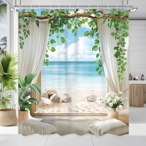 Newsely Ocean Beach Duschvorhang, 152,4 x 183,9 cm (B x L), Strand, Tropische Küste, blaues Meer, Sommer, hawaiianische Naturlandschaft, grüne Blätter, Badezimmer-Set, modern, wasserdicht