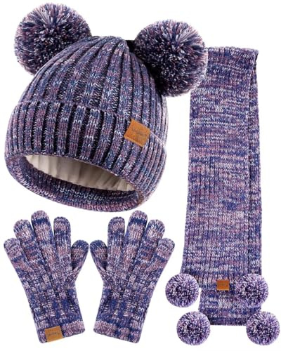 Baby Winter-Set mit Mütze, Handschuhe und Schal, Bommelmütze, Halswärmer, Gamaschen und Handschuhe mit Fleece gefüttert