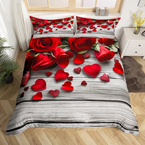 Homewish Set di biancheria da letto con copripiumino matrimoniale con rose rosse, per bambini, ragazzi e ragazze, set di biancheria da letto con motivo floreale da giardino, in legno grigio, con 2