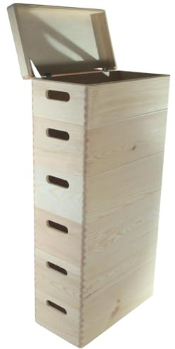 WooDeeDoo 6 Tier Tall Wooden Storage Crate Tower with Lid and Handles – Stackable Long Narrow Pine Box Set for Craft Drawers Slim Cupboards or Shelving Units – 40 x 20 x 79.5 cm