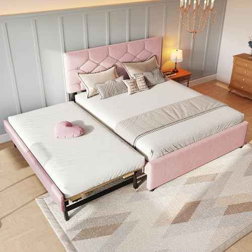 Kebnor Polsterbett, 140x200cm, Bett mit Lattenrost, Bett mit Rollcontainer(90X190cm, Samt, Minimalistisch, Rosa (ohne Matratze)(Keine Schublade)