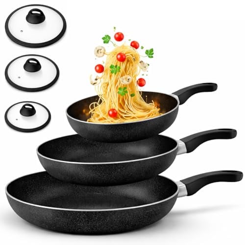 BAKAJI Set 6 Pezzi Padelle in Alluminio con Coperchio in Vetro, Adatto ad Ogni Tipo di Piano Cottura, Pentola Antigraffio, Padella con Manico Ergonomico per Cucinare in Maniera Sana (Nero)