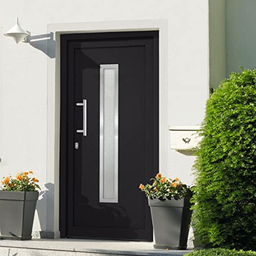 Runheo Porte d'entrée Anthracite 98x200 cm avec Vitrage Sécurisé, Isolation Thermique et Phonique, Verrouillage à Effraction, Poignée en Inox, Kit de Montage