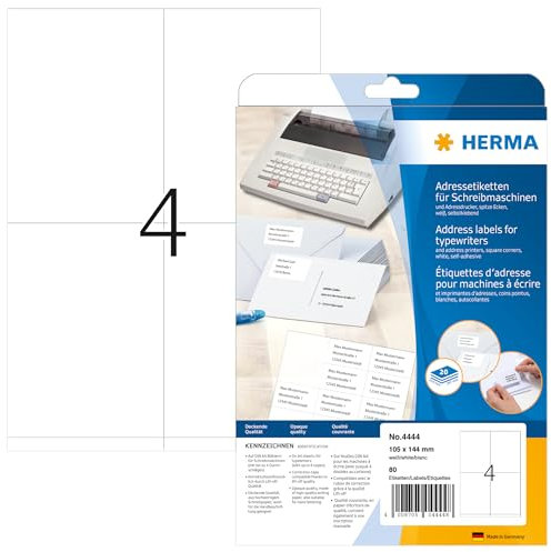 HERMA 4444 Adressetiketten für Schreibmaschinen, 20 Blatt, 105 x 144 mm, 4 pro A4 Bogen, 80 Stück, selbstklebend, bedruckbar, matt, blanko Papier Klebeetiketten Adressaufkleber Etiketten, weiß