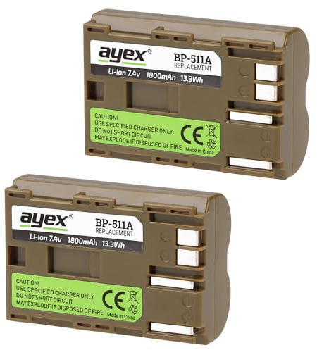 ayex BP-511a Akku 2er Set Kompatibel mit Canon z.B. EOS 10D 30D 50D 5D 300D Powershot G1 G6 Pro 1 UVM Langlebig & zuverlässig 100% kompatibel