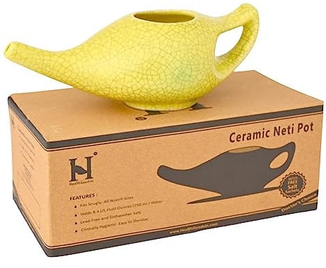 Ceramic Neti Pot for Nasal Cleansing Crackle Pattern | Neti Pot with 10 Sachets of Neti Salt + Instructions Leaflet | Natural Treatment for Sinus, Infection and Congestion (Yellow)