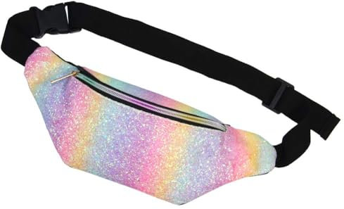 Basumee 12cmx32cm Kinder Bauchtasche Glitzer Sporttasche mit Kunstleder, Mädchen Gürteltasche Hüfttasche für Reiten Radfahren Laufen Camping Sport, Regenbogenfarbe