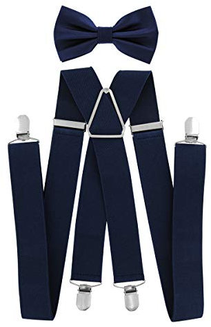 axy Hosenträger mit Fliege set für Herren 4 Stabile Clips X Form 3,5cm Breit (Schwarzblau)