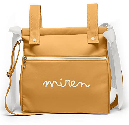 Bolsa panera de polipiel personalizada con nombre bordado - Bolso carro - Talega carrito de bebé - Mostaza - Nenel