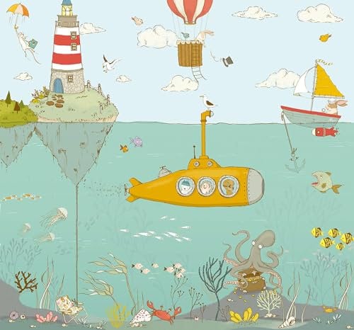 Komar Vlies Fototapete - Sealife - Größe: 300 x 280 cm (Breite x Höhe) - Wimmelbild, Unterwasser, U-Boot, Kinderzimmer, Tapete - IAX6-0014