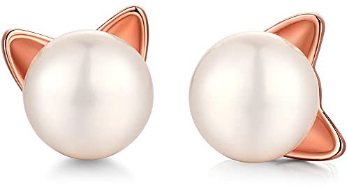 Katze Ohrstecker Katze Perlen Ohrringe Katze Ohrringe für Damen Rosegold Katze Perle Ohrringe Silber 925 Ohrringe Kinder Mädchen Ohrstecker mit Katze Katzen Schmuck Mädchen Süßwasser Perlen Ohrstecker