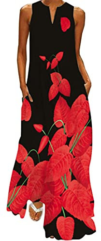 WINKEEY Falda Larga para Mujer Falda Extragrande de Verano con Estampado Bohemio, Flor roja 5XL