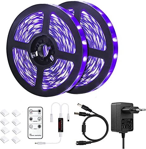 10M UV LED Schwarzlicht led Streifen Set mit Fernbedienung, 600 leds 395nm , 12V/3A, flexible Schwarzlicht Befestigungen für fluoreszierende Tanzpartys,Halloween Party Bühnenbeleuchtung (16.5ft*2pack)